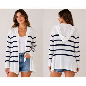 Cynthia Rowley White & Navy Striped Linen Blend Open Hooded Cardigan M #778